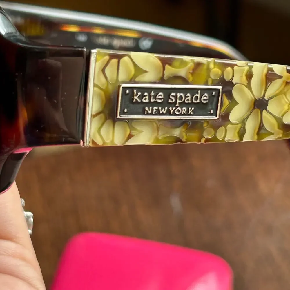 Kate Spade Tortoise Lucite Rectangle Sun Glasses Floral Temples FREDA